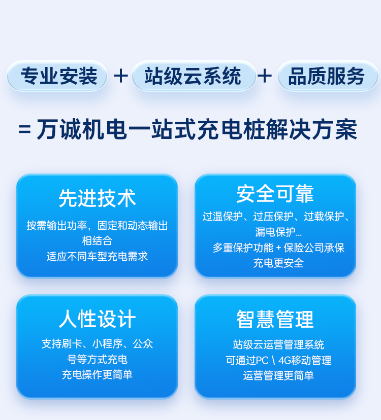 專業安裝+ 站級云系統 +(品質服務
= 萬誠機電一站式充電站解決方案
先進技術
按需輸出功率，固定和動態輸出相結合
適應不同車型充電需求
人性設計
支持刷卡、小程序、公眾號等方式充電
充電操作更簡單
安全可靠
過溫保護、過壓保護、過載保護
漏電保護...
多重保護功能 + 保險公司承保
充電更安全
智慧管理
站級云運營管理系統可通過PC|4G移動管理
運營管理更簡單